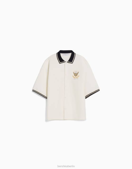 Weiss Bershka Männer Kurzarmhemd mit geripptem Kragen H00J2940