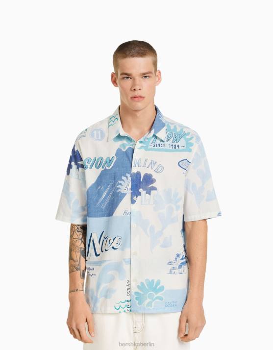 hellblau Bershka Männer Bedrucktes Kurzarmhemd H00J2910
