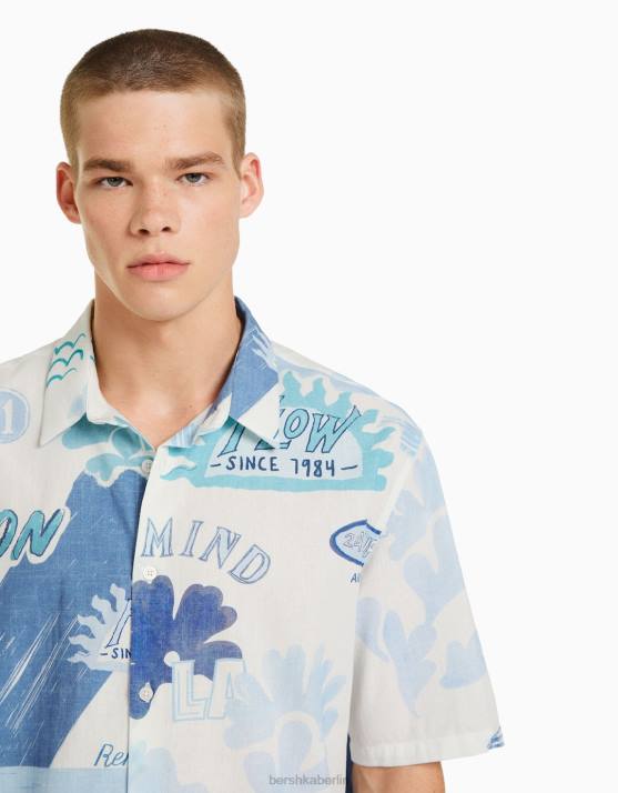hellblau Bershka Männer Bedrucktes Kurzarmhemd H00J2910