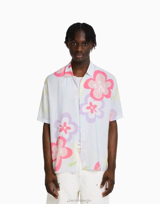 hellblau Bershka Männer Kurzarmhemd mit Blumendruck H00J2867