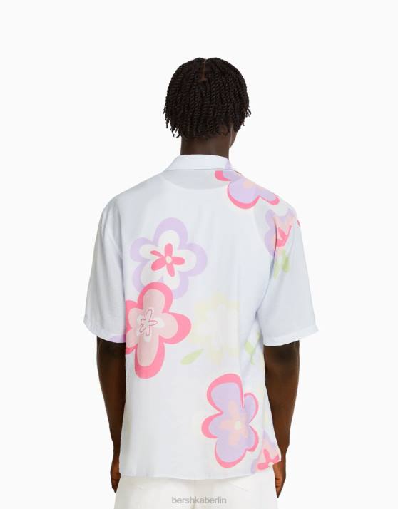 hellblau Bershka Männer Kurzarmhemd mit Blumendruck H00J2867