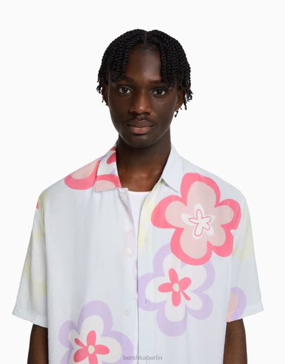 hellblau Bershka Männer Kurzarmhemd mit Blumendruck H00J2867