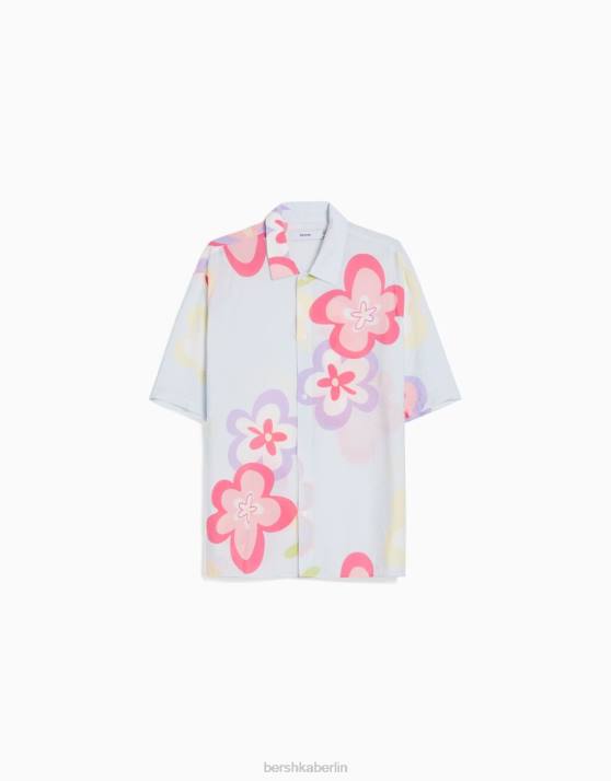 hellblau Bershka Männer Kurzarmhemd mit Blumendruck H00J2867