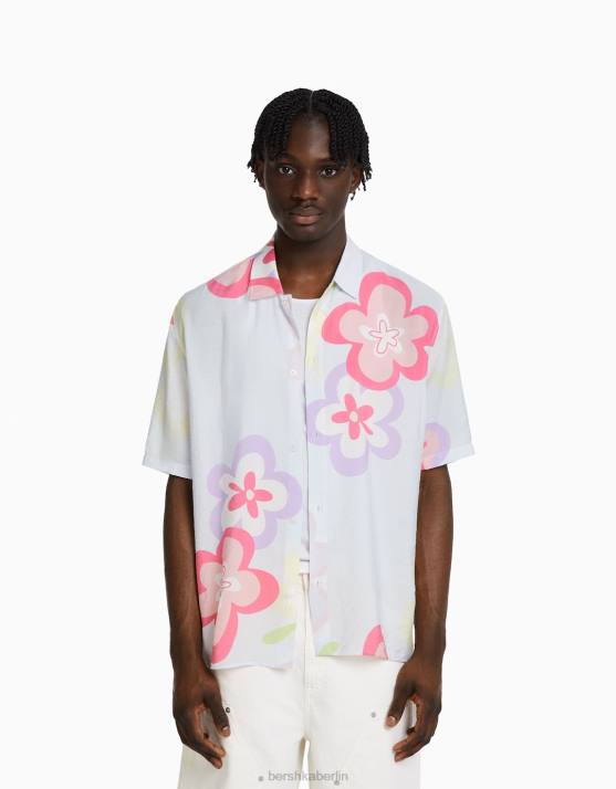 hellblau Bershka Männer Kurzarmhemd mit Blumendruck H00J2869