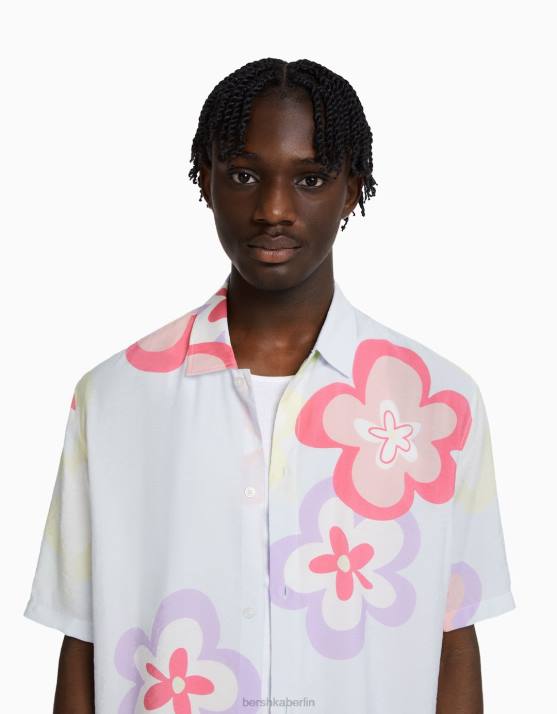 hellblau Bershka Männer Kurzarmhemd mit Blumendruck H00J2869