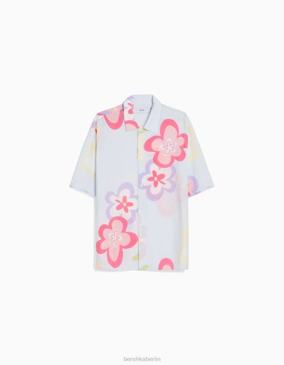 hellblau Bershka Männer Kurzarmhemd mit Blumendruck H00J2869