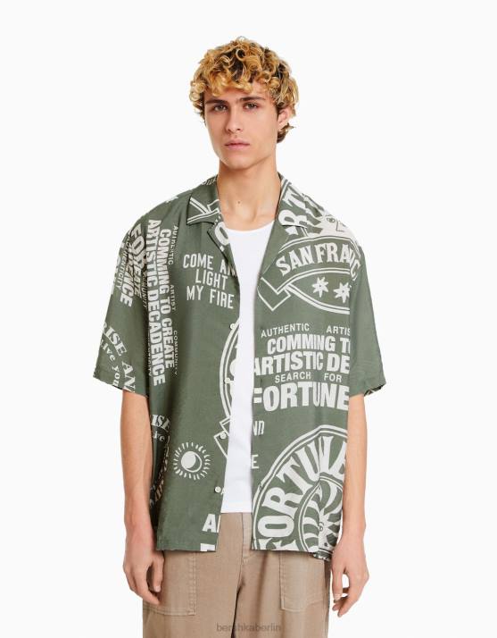 khaki Bershka Männer Bedrucktes Kurzarmhemd H00J2888