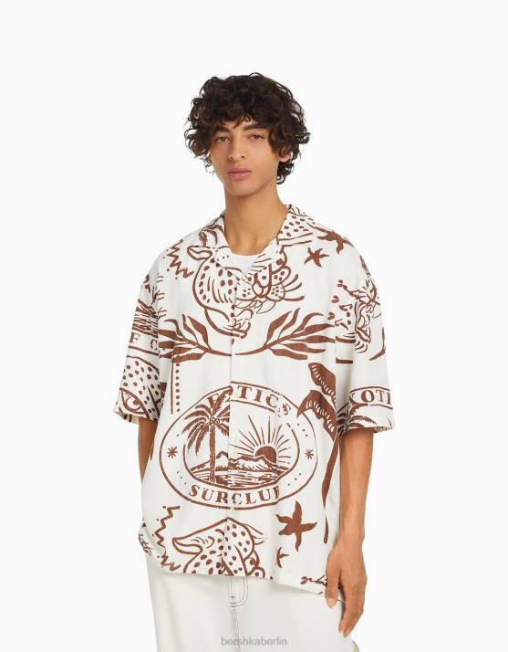 nicht-gerade weiss Bershka Männer Kurzarmhemd mit rustikalem Aufdruck H00J2889