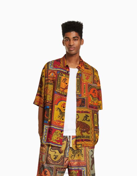 orange Bershka Männer Bedrucktes Kurzarmhemd H00J2859