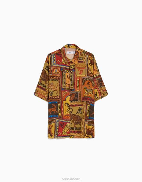 orange Bershka Männer Bedrucktes Kurzarmhemd H00J2859