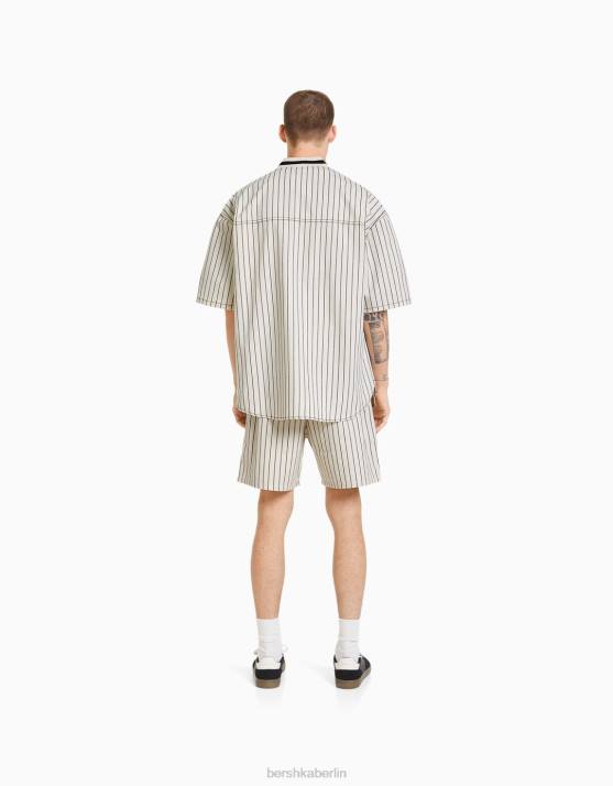weiß schwarz Bershka Männer Retro-sportliches, gestreiftes, kurzärmliges Jeanshemd H00J2886