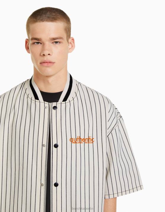 weiß schwarz Bershka Männer Retro-sportliches, gestreiftes, kurzärmliges Jeanshemd H00J2886