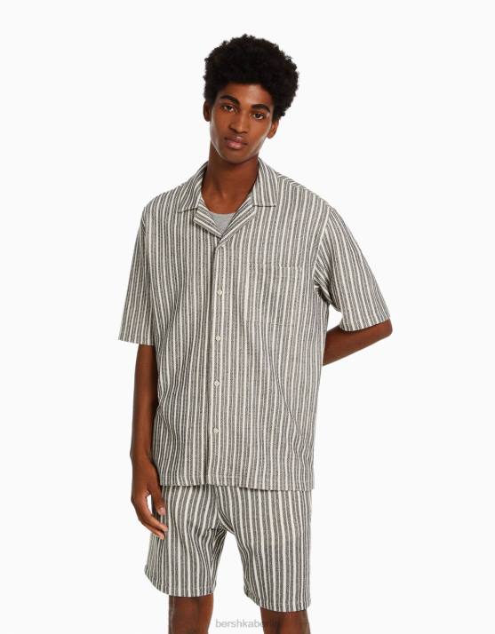 weiß schwarz Bershka Männer Rustikales, gestreiftes Kurzarmhemd H00J2926