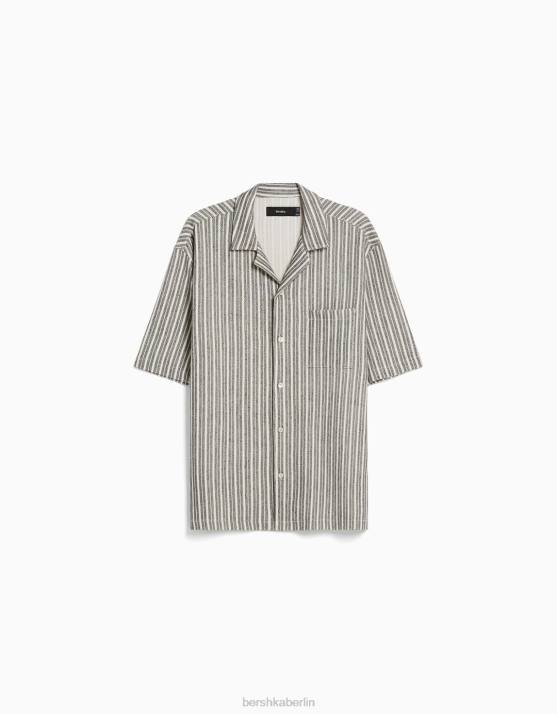 weiß schwarz Bershka Männer Rustikales, gestreiftes Kurzarmhemd H00J2926