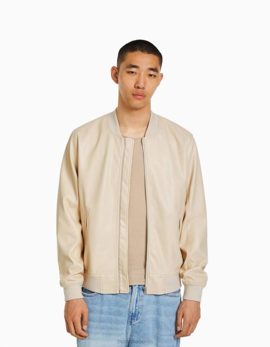 Beige Bershka Männer Bomberjacke aus Kunstleder H00J3065