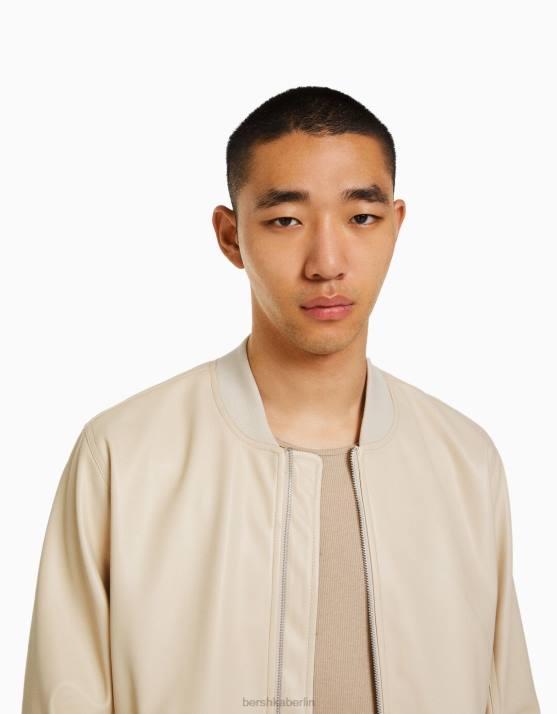 Beige Bershka Männer Bomberjacke aus Kunstleder H00J3065