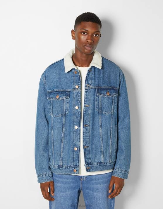 Blau Bershka Männer Jeansjacke mit Fleecefutter H00J3101