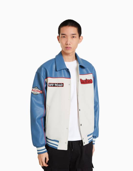 Blau Bershka Männer Rennjacke aus Wildlederimitat und Kunstleder H00J3045