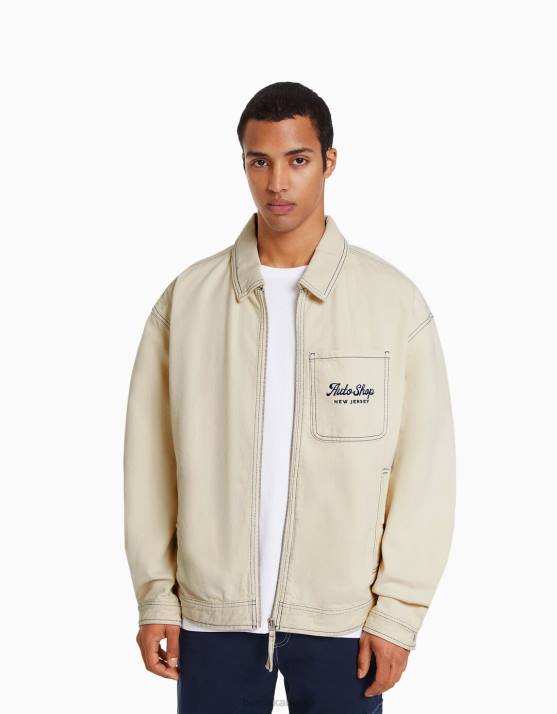 Creme Bershka Männer bestickte Baumwolljacke mit Kontrastnähten H00J3076