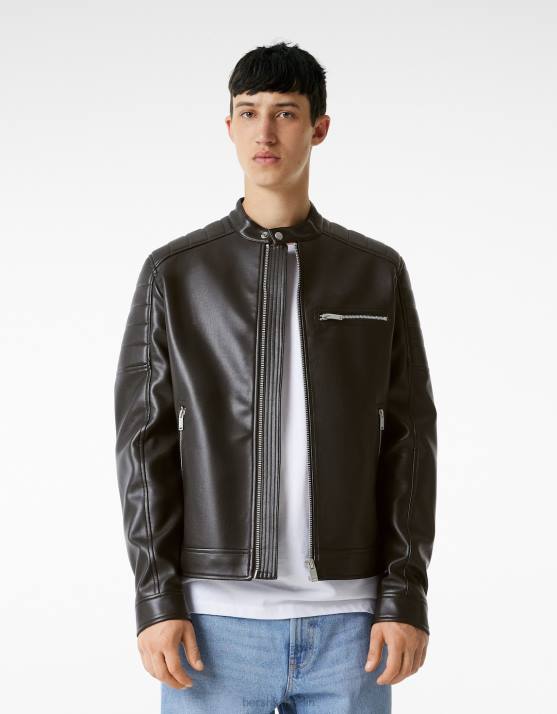 Schwarz Bershka Männer Bikerjacke aus Kunstleder H00J3083