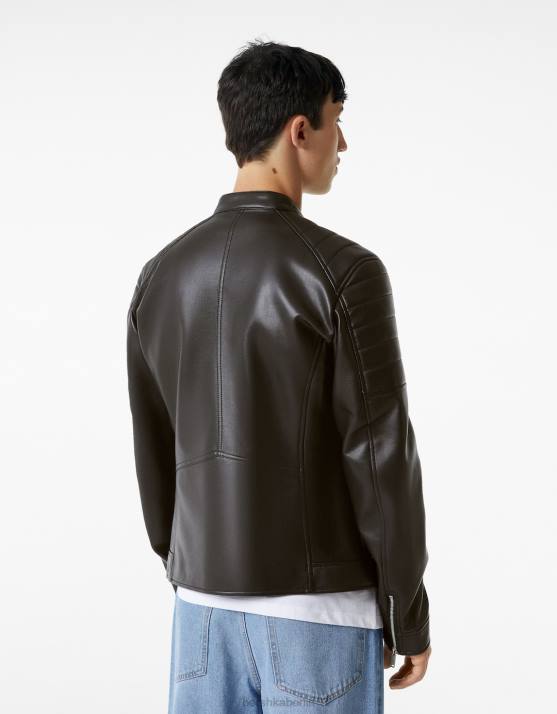 Schwarz Bershka Männer Bikerjacke aus Kunstleder H00J3083