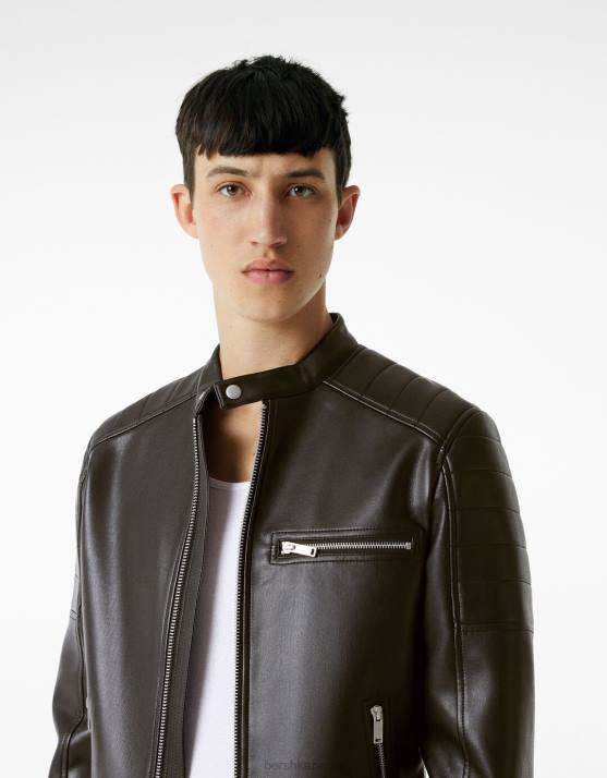 Schwarz Bershka Männer Bikerjacke aus Kunstleder H00J3083