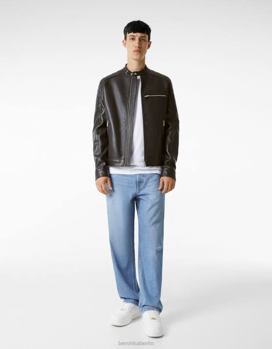 Schwarz Bershka Männer Bikerjacke aus Kunstleder H00J3083