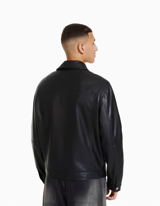 Schwarz Bershka Männer Bikerjacke aus Kunstleder H00J3084