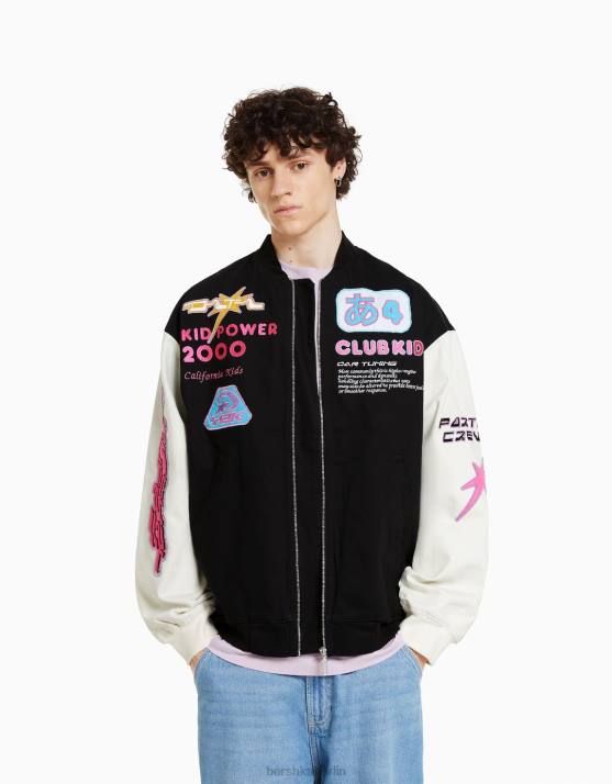 Schwarz Bershka Männer Denim-Bomberjacke mit College-Patches H00J3047