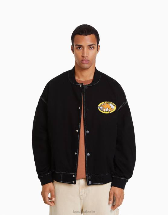 Schwarz Bershka Männer Denim-Bomberjacke mit kontrastierendem Faden H00J3099