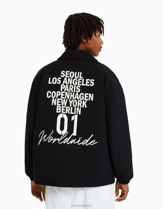 Schwarz Bershka Männer Jacke mit Rückendruck H00J3048