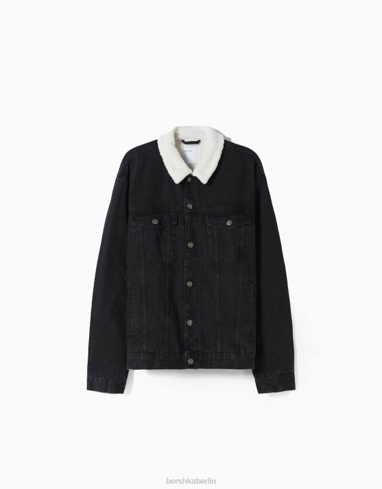 Schwarz Bershka Männer Jeansjacke mit Fleecefutter H00J3100