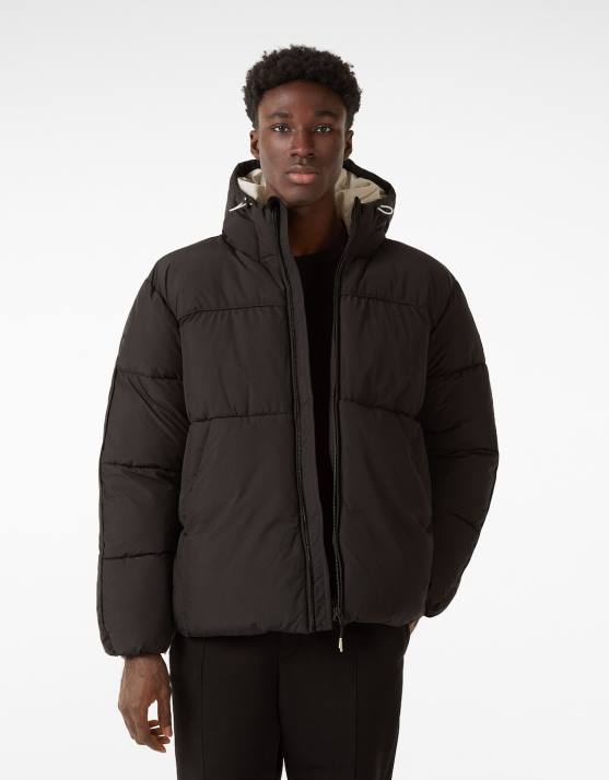 Schwarz Bershka Männer Pufferjacke mit Kapuze H00J3088