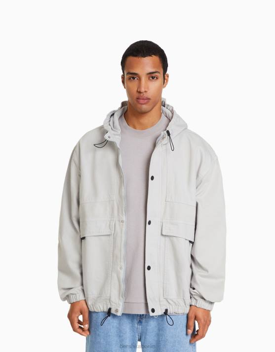 grau Bershka Männer Jeans-Fallschirmjacke mit Kapuze H00J3075