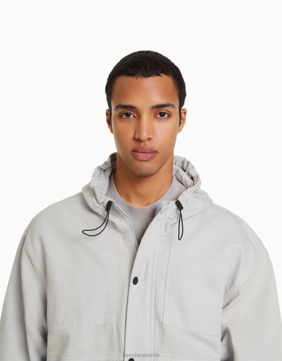grau Bershka Männer Jeans-Fallschirmjacke mit Kapuze H00J3075