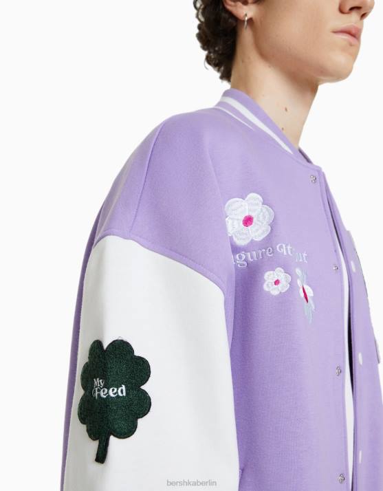 violett Bershka Männer Bomberjacke mit Blumenstickerei H00J3046