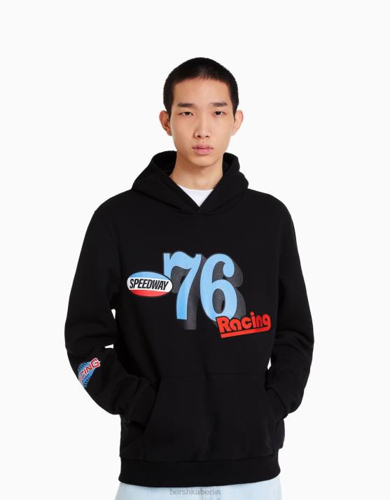 Schwarz Bershka Männer Kapuzenpullover mit Racing-Print H00J2962