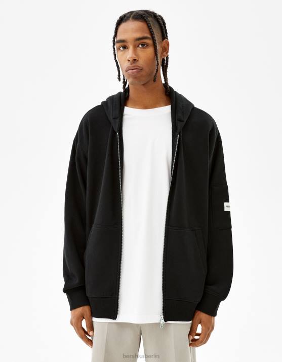 Schwarz Bershka Männer Kapuzenpullover mit Reißverschluss H00J2992