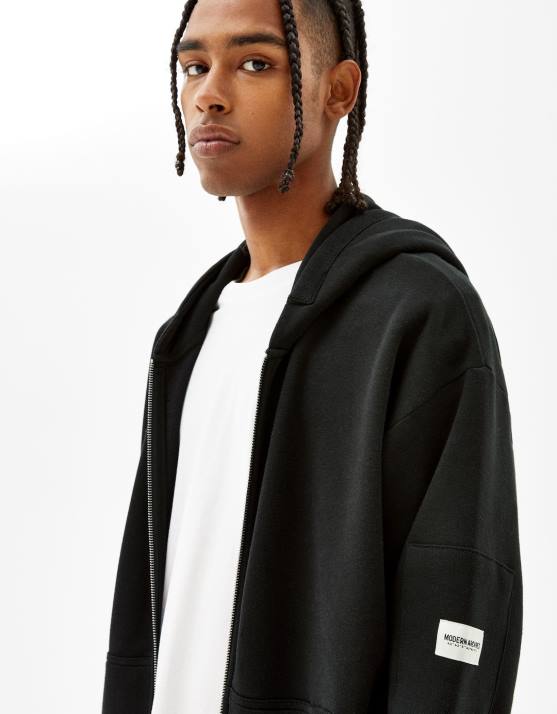 Schwarz Bershka Männer Kapuzenpullover mit Reißverschluss H00J2992