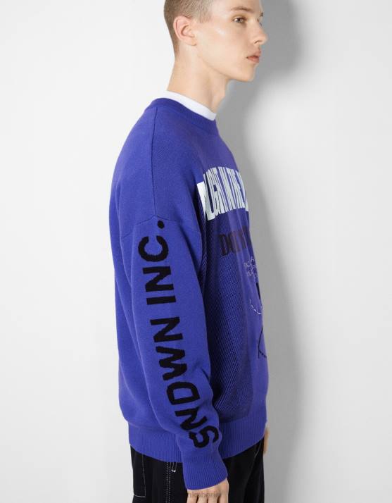 Blau Bershka Männer Langarmpullover mit Aufdruck H00J3006