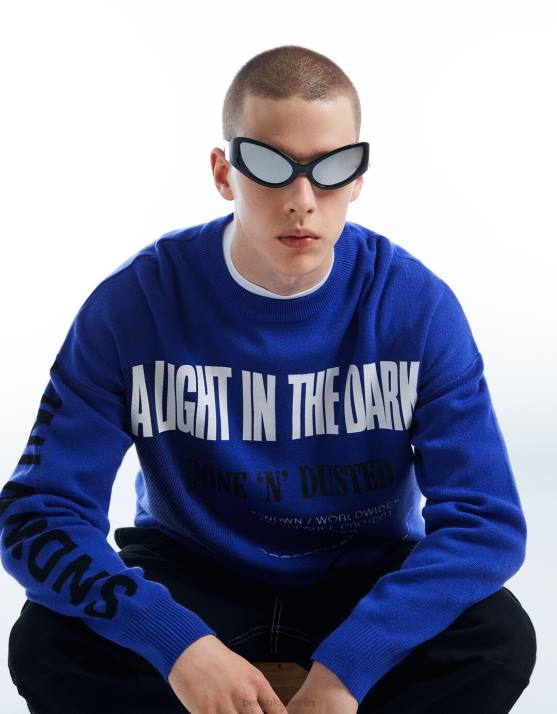 Blau Bershka Männer Langarmpullover mit Aufdruck H00J3006