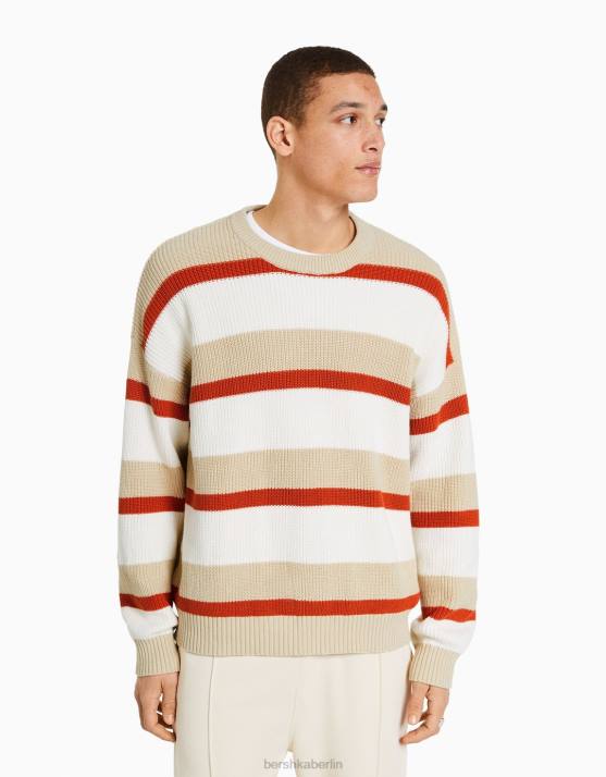 Creme Bershka Männer Pullover mit horizontalen Streifen H00J3013