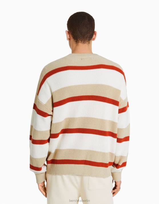 Creme Bershka Männer Pullover mit horizontalen Streifen H00J3013