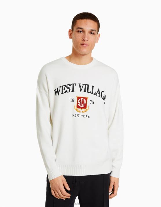 Weiss Bershka Männer Bestickter College-Pullover H00J3009