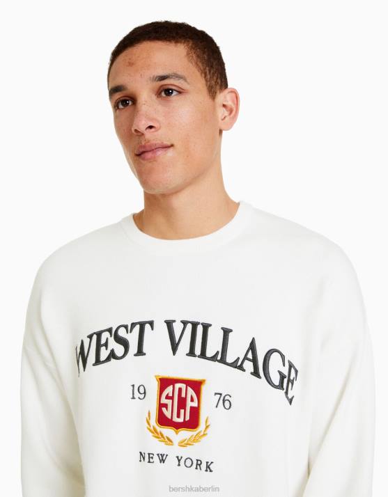 Weiss Bershka Männer Bestickter College-Pullover H00J3009