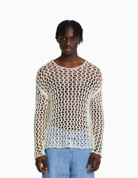 Weiss Bershka Männer Netzpullover mit Rundhalsausschnitt H00J2996