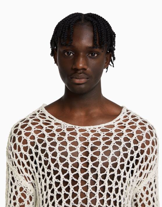 Weiss Bershka Männer Netzpullover mit Rundhalsausschnitt H00J2996