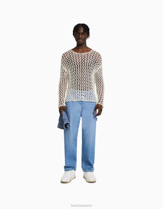 Weiss Bershka Männer Netzpullover mit Rundhalsausschnitt H00J2996
