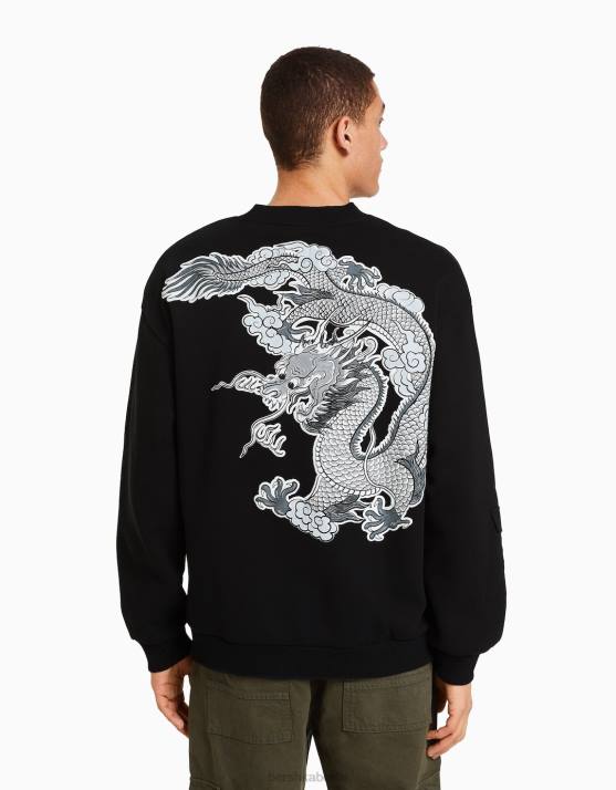 Schwarz Bershka Männer Übergroßes bedrucktes Sweatshirt H00J2967