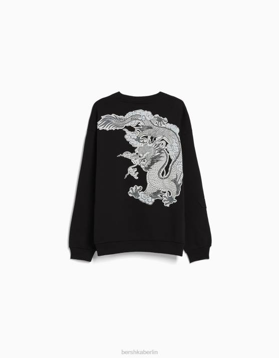 Schwarz Bershka Männer Übergroßes bedrucktes Sweatshirt H00J2967